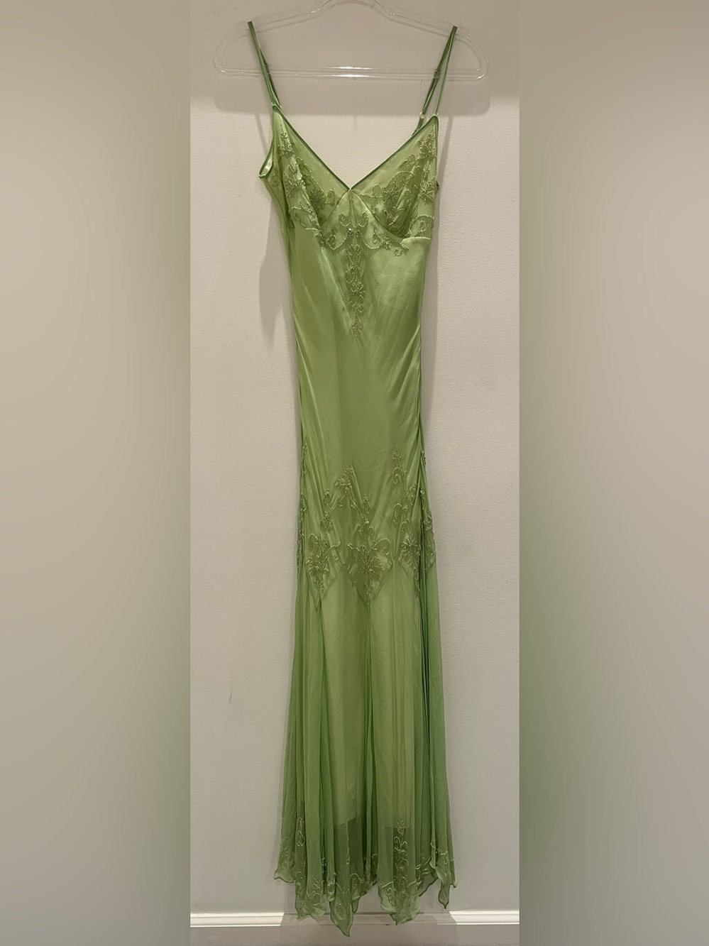 Papell Boutique Evening Vintage Silk Beaded Maxi Dress in Light Green Size 6 - Picture 3 of 7